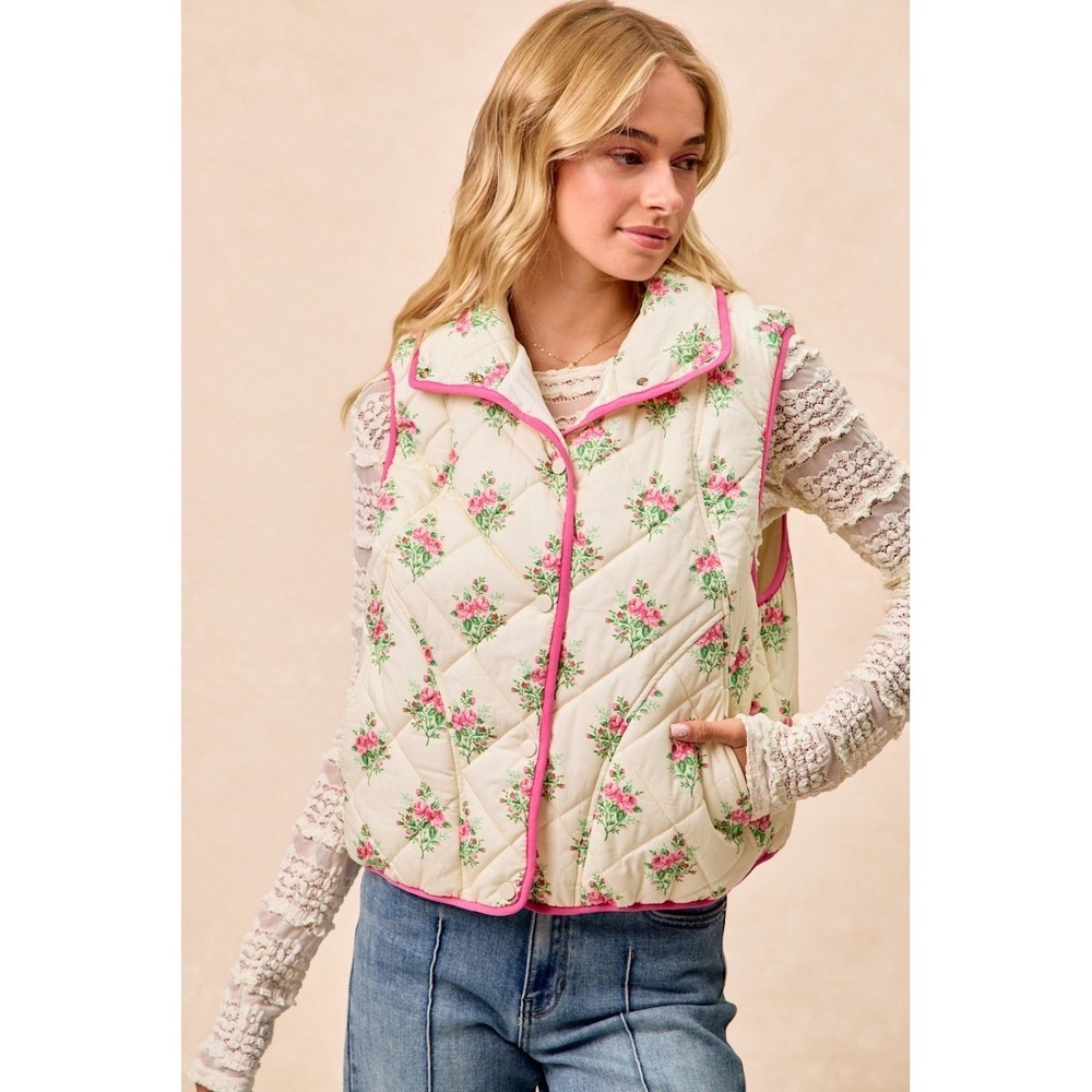BiBi Floral Print Piping Detail Quilted Vest - Cream/Pink - Medium
